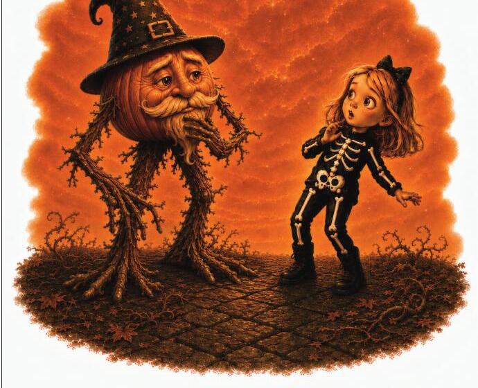 Rose in her skeleton costume meets the magical Pumpkin